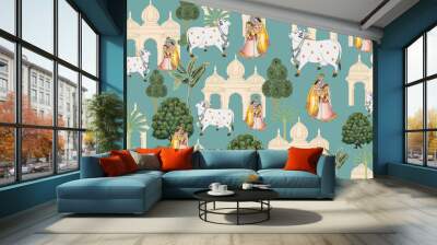 Indian Miniature Art design with Tress , Radha Krishna and Pichwai Cow Pattern , Pichwai Wallpaper For Interior Decor Wall mural