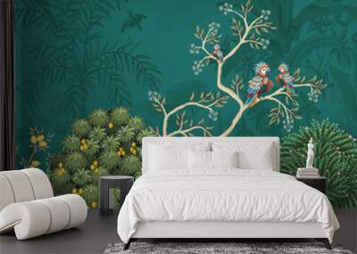 Indian miniature painting with tropical trees pattern and birds , interior decoration wallpaper. Wall mural