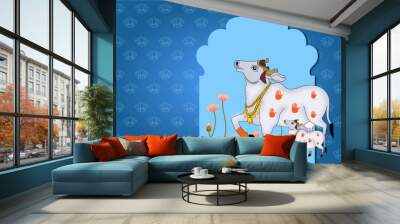 Indian traditional pichwai art cow illustration with lotus flowers , vector illustration design. Wall mural