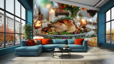  shot of the  and  thanksgiving meal, featuring an array of traditional dishes such as the golden-brown whole turkey on top of the table with pile-up fresh green beans, pie in the middle , rich vegeta Wall mural