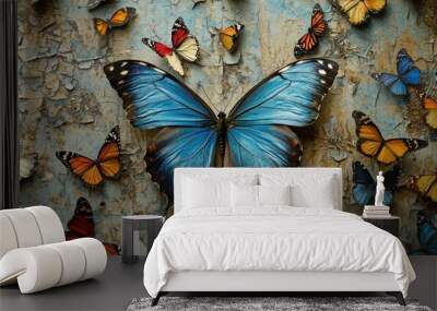 A blue butterfly with its wings spread wide, resting on an aged wall, surrounded by smaller butterflies of various colors. The background is muted and textured to highlight the vibrant hues  Wall mural