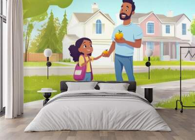 A father stands in the middle of his driveway, holding out an apple to his daughter as she walks towards him . The background is a suburban neighborhood with trees and houses in a flat cartoon style.  Wall mural