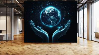 A hologram of the Earth floating above two hands, surrounded by futuristic elements and blue light effects on an isolated dark background. Vector illustration with copy space for text or design,genera Wall mural