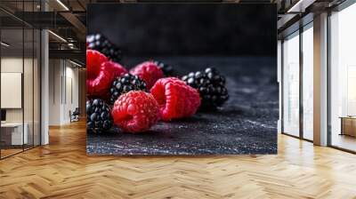 A pile of fresh raspberries and blackberries on a dark background, with a closeup view. Captured using a wide-angle lens and natural lighting.  Wall mural