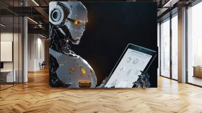 Ai robot using tablet isolate on transparency background PNG Wall mural