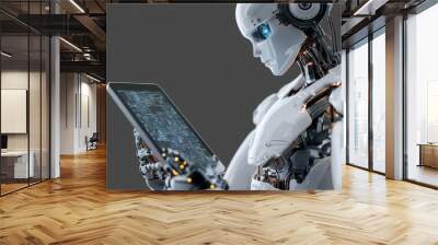 Ai robot using tablet isolate on transparency background PNG Wall mural