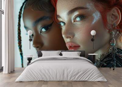 Close-up Portrait Head shot women young  two  models with different skin and hair colors. multiracil diverse   Wall mural