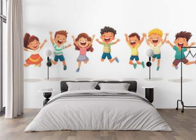 Group of children jumping and laughing together on a white background. Simple style illustration. Cute and dreamy colorful cartoon characters with happy expressions. Vector file has clean lines  Wall mural