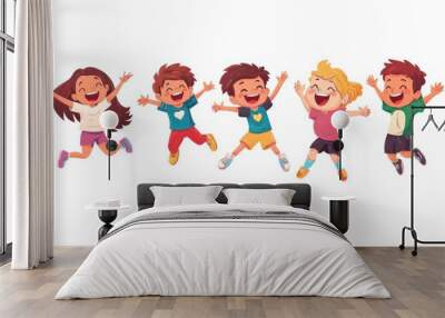 Group of children jumping and laughing together on a white background. Simple style illustration. Cute and dreamy colorful cartoon characters with happy expressions. Vector file has clean lines  Wall mural