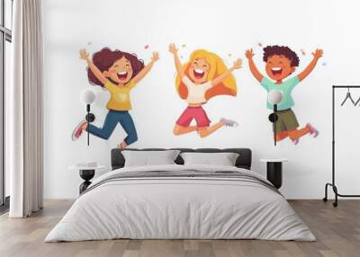 Group of children jumping and laughing together on a white background. Simple style illustration. Cute and dreamy colorful cartoon characters with happy expressions. Vector file has clean lines  Wall mural