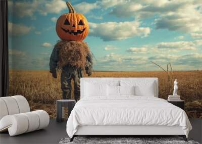 Halloween and autumn scarecrow in an open field representing fall season and Halloween party Wall mural