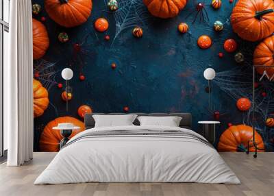 Halloween pumpkins and spider web decorations on a black background with copy space, top view.  Wall mural