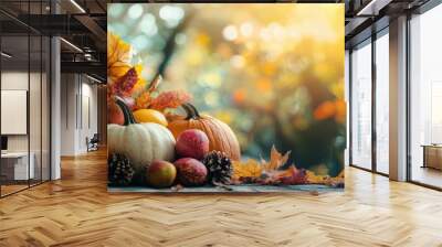 shot of the and thanksgiving meal, featuring an array of traditional dishes such as the golden-brown whole turkey on top of the table with pile-up fresh green beans, pie in the middle , rich vegeta
 Wall mural