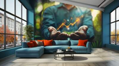 Stock profit power manipulation background image.Businessman control stock market direction to get profit by pick up the growth arrow symbol with chart and graph by his two hands. Hope, Prosperity,  Wall mural