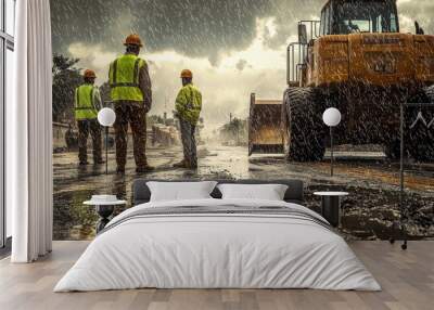 The back of an engineer wearing a yellow vest and orange helmet stands in front of an excavator on a construction site, with heavy rain falling from the sky. It is a rainy day with a blurred backgroun Wall mural