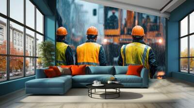 The back of an engineer wearing a yellow vest and orange helmet stands in front of an excavator on a construction site, with heavy rain falling from the sky. It is a rainy day with a blurred backgroun Wall mural