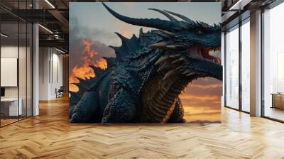 A fearsome dragon bares its teeth, its mouth wide open, exuding an aura of power and danger. Wall mural