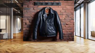 Leather jacket hanging on a rustic iron hook against a brick wall. Wall mural