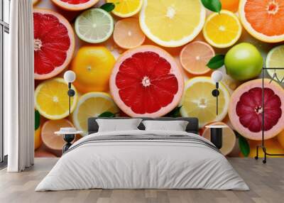 a composition of a mix of citrus fruits on a white background, Generative AI Wall mural