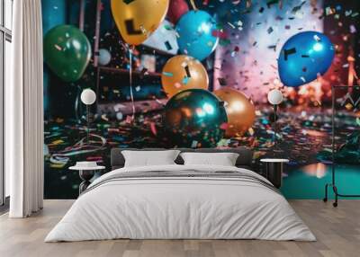 balloons and confetti on the room floor, party celebration moment Wall mural