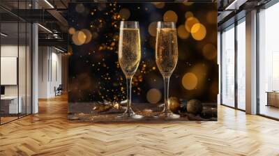 close up champagne glasses on blurred lights background, new year or event celebration Wall mural