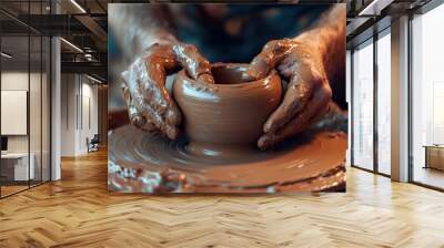 Close-up of a potter's hands shaping clay on a pottery wheel Wall mural