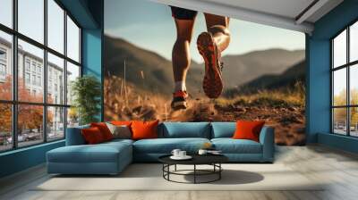 close up view of a marathon runner legs running on a hilly terrain, blurred mountains background Wall mural