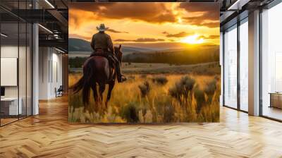 cowboy on a horse in the field rides against the background of the sunset. breathtaking landscape wallpaper. Generative AI Wall mural