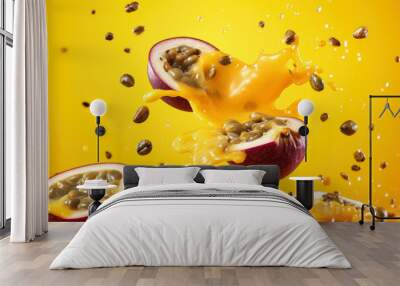 cut passion fruit in motion and splashes of water on a yellow background, Generative AI Wall mural