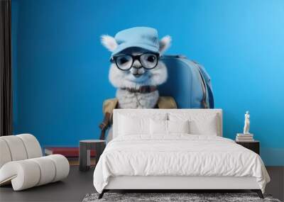 education poster with baby llama pupil in glasses with bagpack on blue background Wall mural