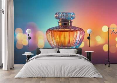 Elegant perfume bottle on reflective surface with vibrant bokeh background Wall mural