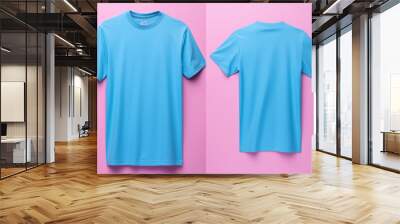 Front and back view of a sleek blue t-shirt mockup, ideal for presenting apparel designs in a modern and minimalist fashion, pink background Wall mural