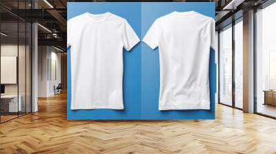 Front and back view of a white t-shirt mockup, ideal for presenting apparel designs in a modern and minimalist fashion, blue background Wall mural