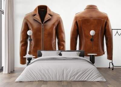 Front and back view of brown leather jacket on a white background Wall mural