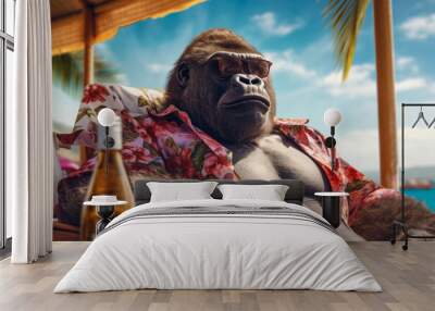 gorilla character sunbathing with cold drink in summer vacation, Generative AI Wall mural