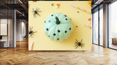 Halloween scene with pastel pumpkin, spiders, and candy on yellow background Wall mural