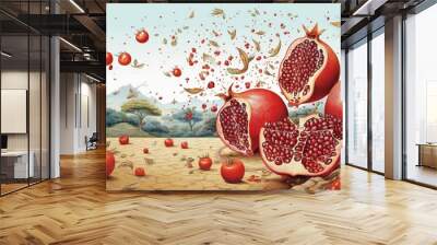 illustration with pomegranate and tomatoes in motion, Generative AI Wall mural