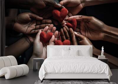 many multiracial hands holding a red heart, unity, love, Generative AI Wall mural