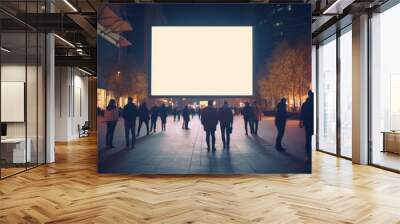 many people looking at blank LED billboard mockup in night city street Wall mural