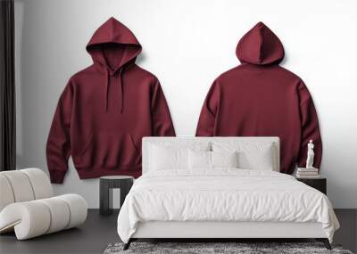 Maroon hoodie with front pocket and drawstring, front and back view Wall mural