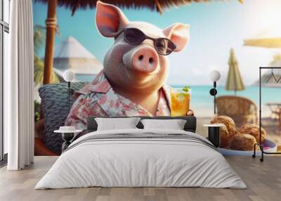 pig character at beach bar with fresh cold drink during a tropical summer vacation, Generative AI Wall mural