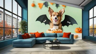 Playful Halloween scene with a dog wearing bat wings Wall mural