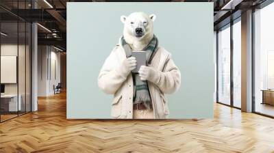 polar bear in cozy winter attire holding a tablet, with mint green background Wall mural