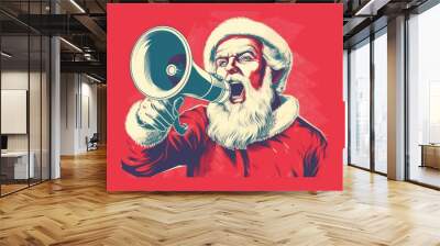 Retro vintage pop art Poster of Santa Claus with Megaphone, Festive Announcement of merry christmas and a happy new year Wall mural