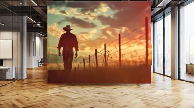 Silhouetted cowboy walking along a fence at sunrise, serene rural scene Wall mural