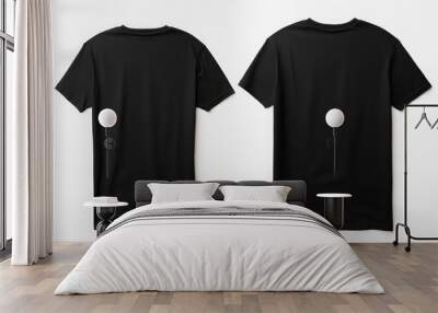 Two black t-shirts laid flat, offering a direct rear or back view ideal for mockups, set against a white background Wall mural