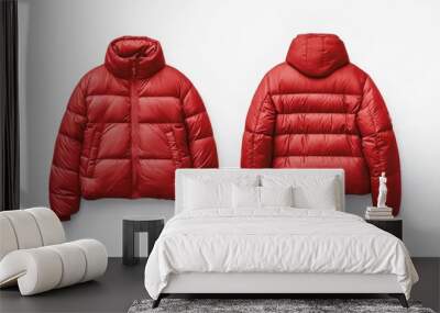 Two red puffer jackets shown from the front and back on a white background Wall mural