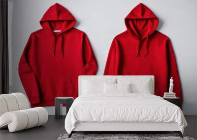 Two vibrant red hoodies with drawstrings, displayed side by side on a light gray background Wall mural