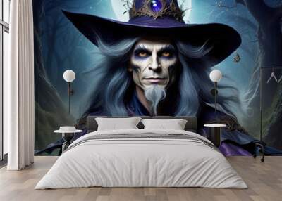 A fairy tale portrait of a dangerous sorcerer wearing a hat against the moon. Wall mural