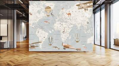 children's retro world map with animals, balloons, airplanes on a gray background Wall mural